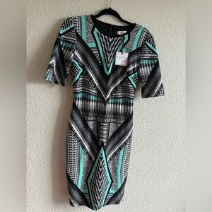 Bisou Bisou Black and Green Geometric Long Sleeve Dress Size 8